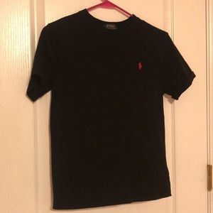 red and black polo shirt